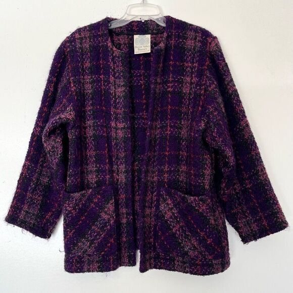 Boyne Valley Weavers Plaid Wool Coat Women's One Size Open Jacket Purple Ireland - Picture 1 of 8
